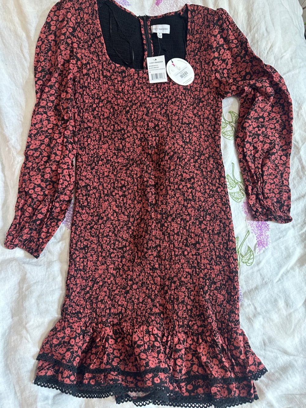 Lost + Wander Girls' Coral Floral Smocked Dress with Black Trim